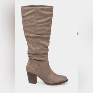 Qupid Tyson Ruched Knee High Boots, Size 8, Gently Used, Taupe/Tan, 3” heels